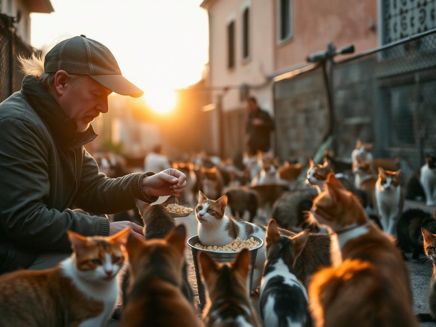 Volontario nutre una colonia felina al tramonto a Milano