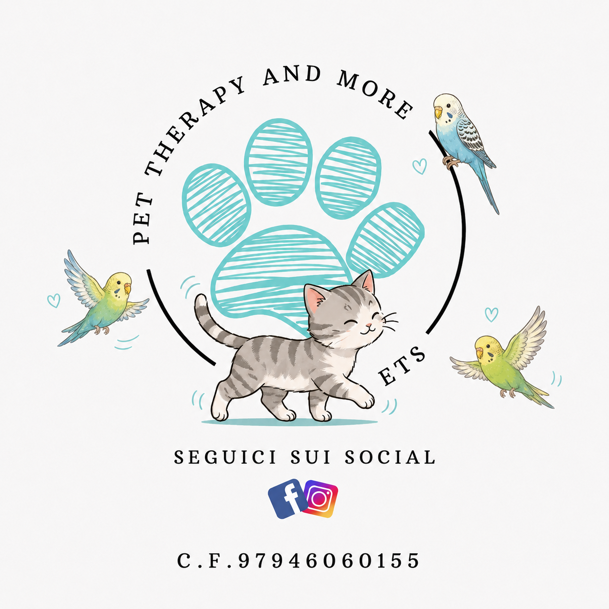 Illustrazione di un gattino e pappagallini con il logo Pet Therapy and More ETS