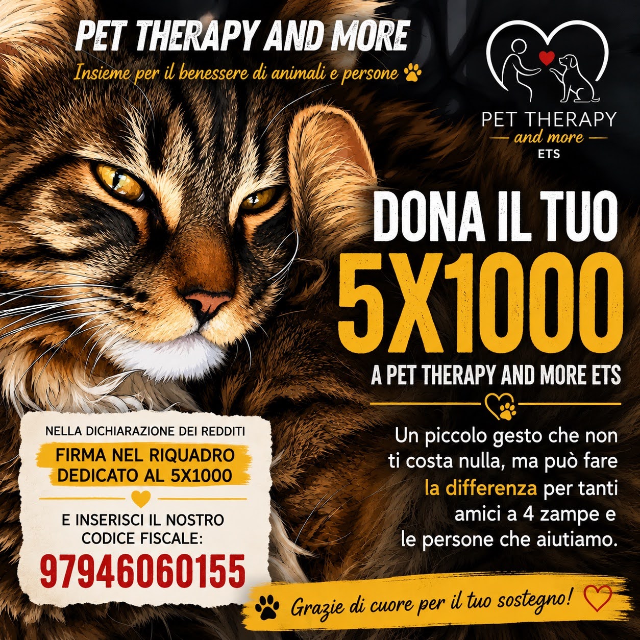 Locandina: Dona il tuo 5x1000 a Pet Therapy and More ETS — Codice Fiscale 97946060155