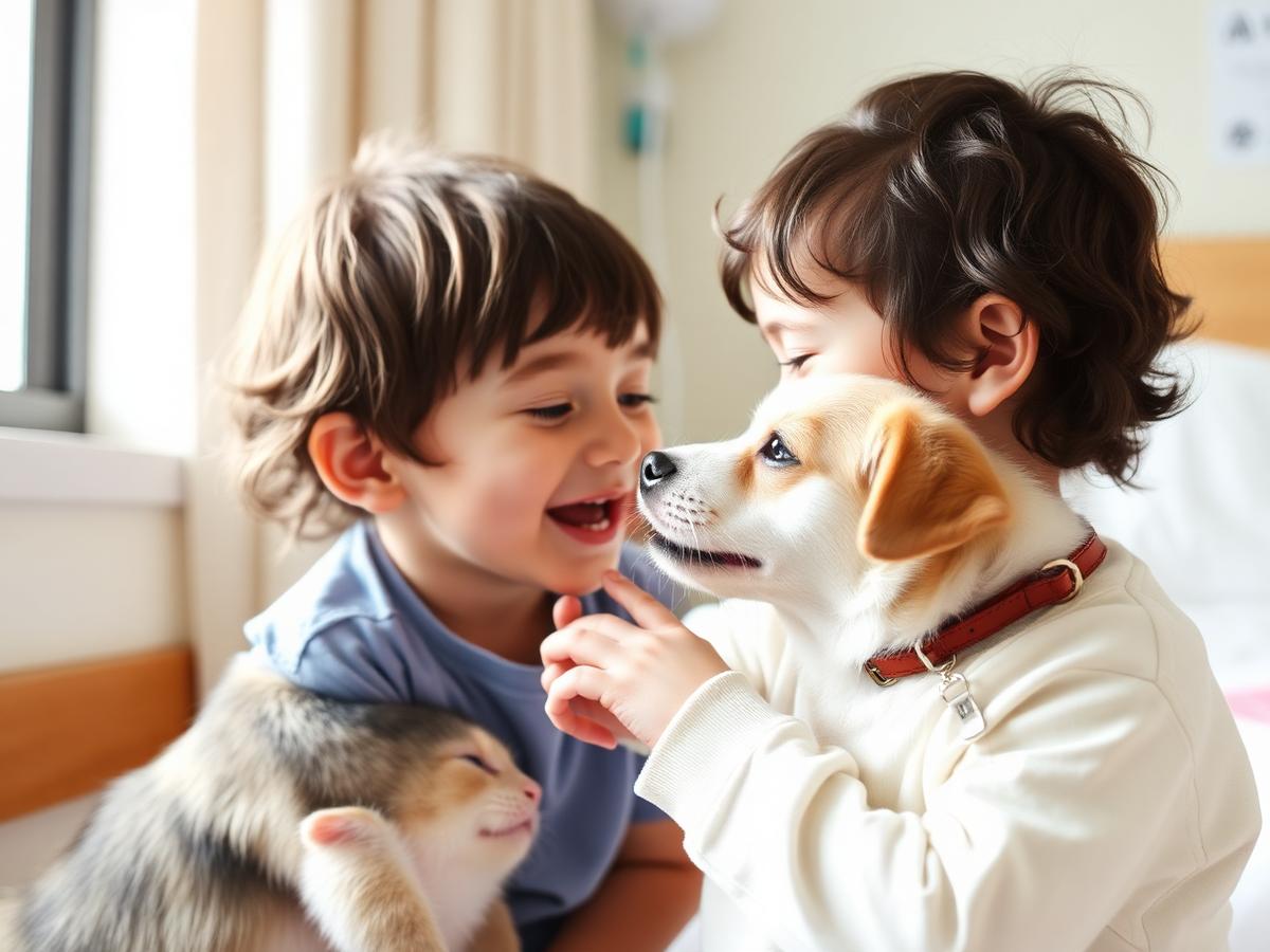 Bambino sorride durante una seduta di pet therapy con un cane addestrato